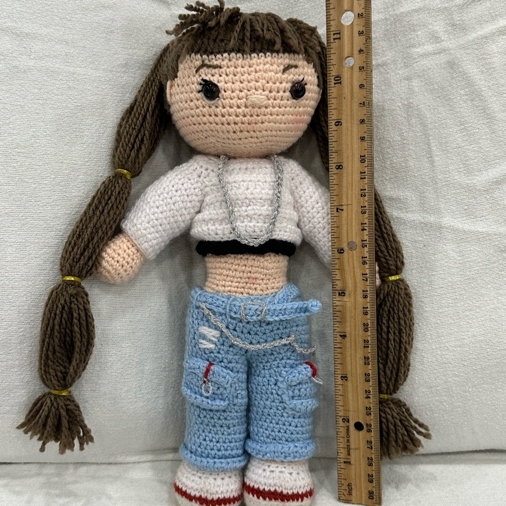 Handmade Crochet Doll with Brown Hair and Blue Pants